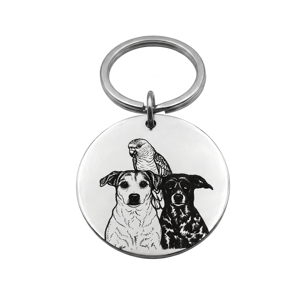 Llavero con un fotograbado de dos perros y un loro